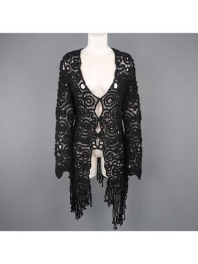 MATSUDA Size M Black Wool Crochet Fringe Cardigan